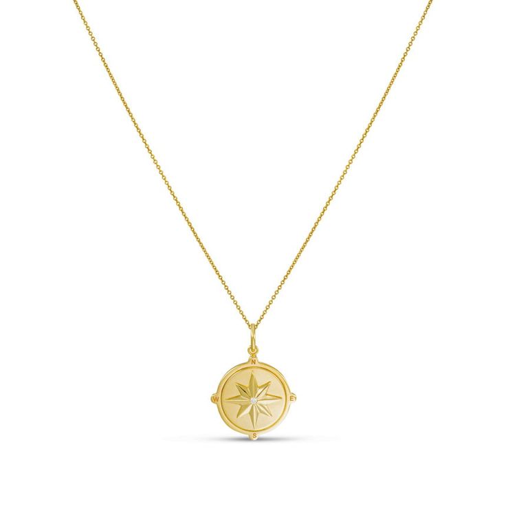 Compass Necklace With Diamond - Alexis Jae Jewelry Sterling Silver Yellow Gold Compass Design Necklace, Sterling Silver Gold Necklace With Compass Design, Sterling Silver Yellow Gold Necklace With Compass Design, 14k Gold Compass Design Necklace, Diamond Compass Design Round Jewelry, 14k Gold Compass Design Round Necklace, White Gold Compass Medallion Necklace, White Gold Compass Design Round Pendant Necklace, White Gold Medallion Necklace With Compass Design