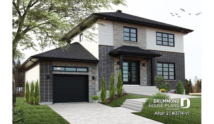 the front view of a two story house with black garage doors and white steps leading up to it