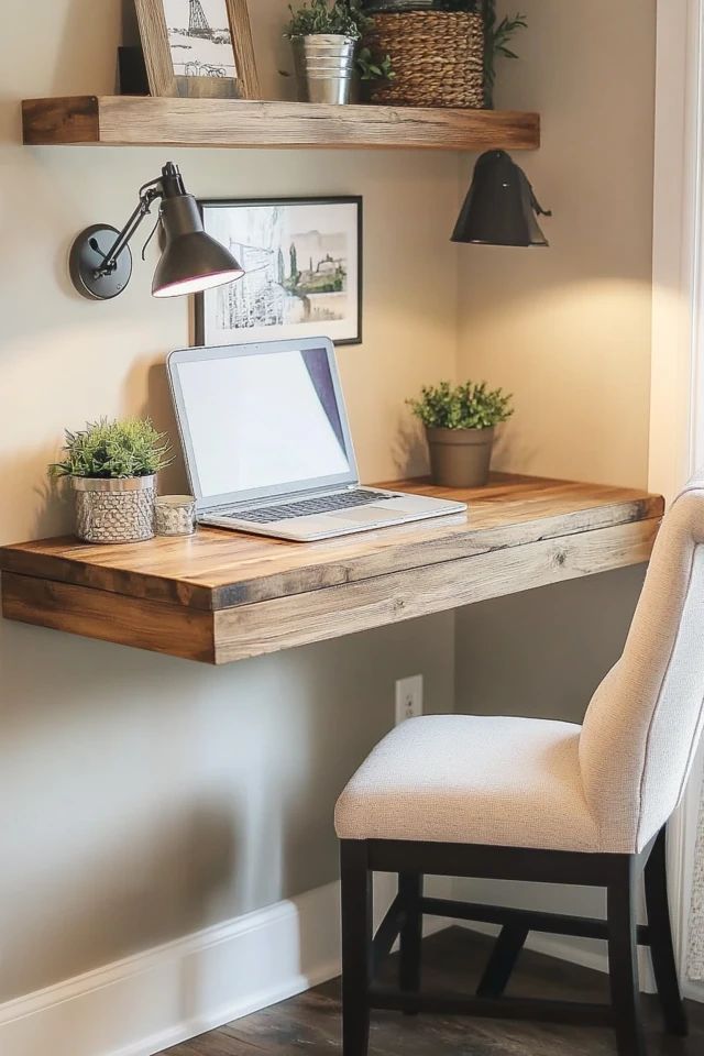 a laptop computer sitting on top of a wooden desk next to a chair and potted plant