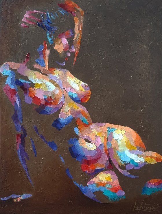 an abstract painting of a woman with colorful paint on it's body and arms