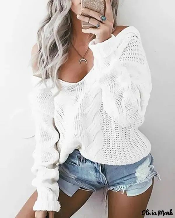 Olivia Mark - Long Sleeve V-Neck Knit Sweater Cozy Womens Sweaters, White Pullover Sweater, Fall Knit Sweater, Winter Knit Sweater, Pullover Outfit, Long Sleeve Jumper, Mode Casual, Women Sweater, Plus Size Sweaters