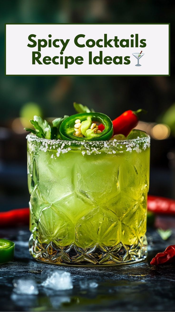 A vibrant jalapeño margarita garnished with fresh chili peppers, showcasing a spicy cocktail recipe idea. Spicy Alcoholic Drinks Recipes, Spicy Mezcal Margarita, Spicy Drinks Cocktails, Jalapeno Cocktail Recipes, Savory Cocktail Recipes, Spicy Cocktail Recipes, Aloe Cocktail, Jalapeno Drink, Latin Cocktails