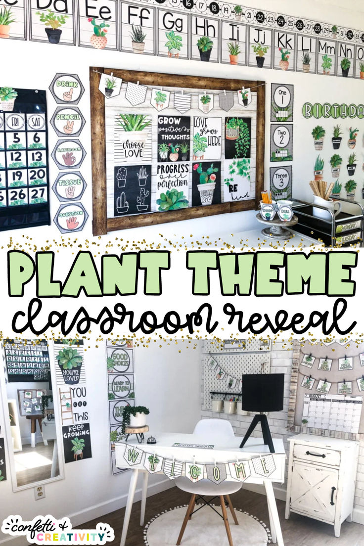 a classroom with plants and writing on the wall