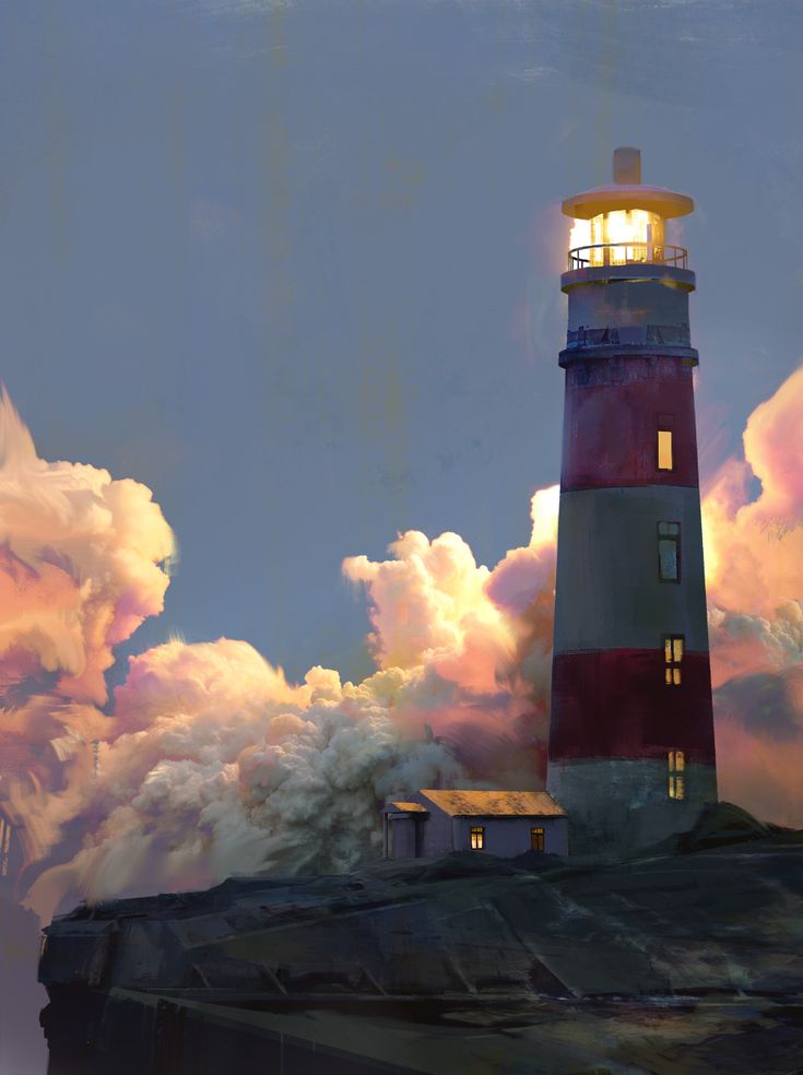 a painting of a lighthouse on top of a hill with clouds in the sky behind it