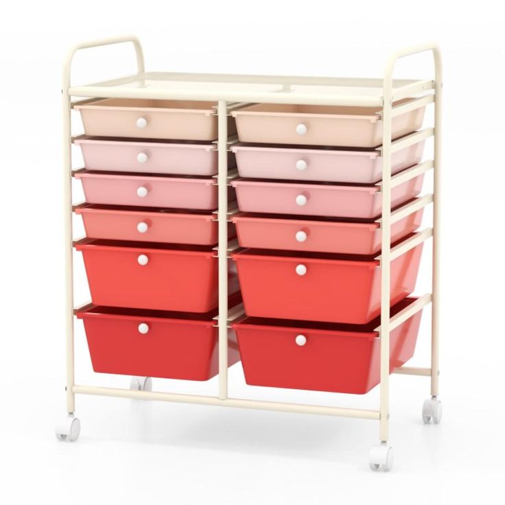 a cart with many different colored bins on it's sides and two handles