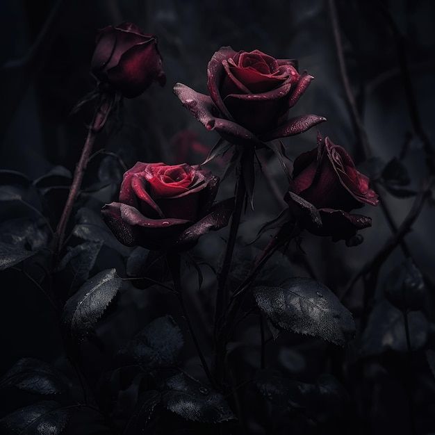 three red roses in the dark surrounded by leaves