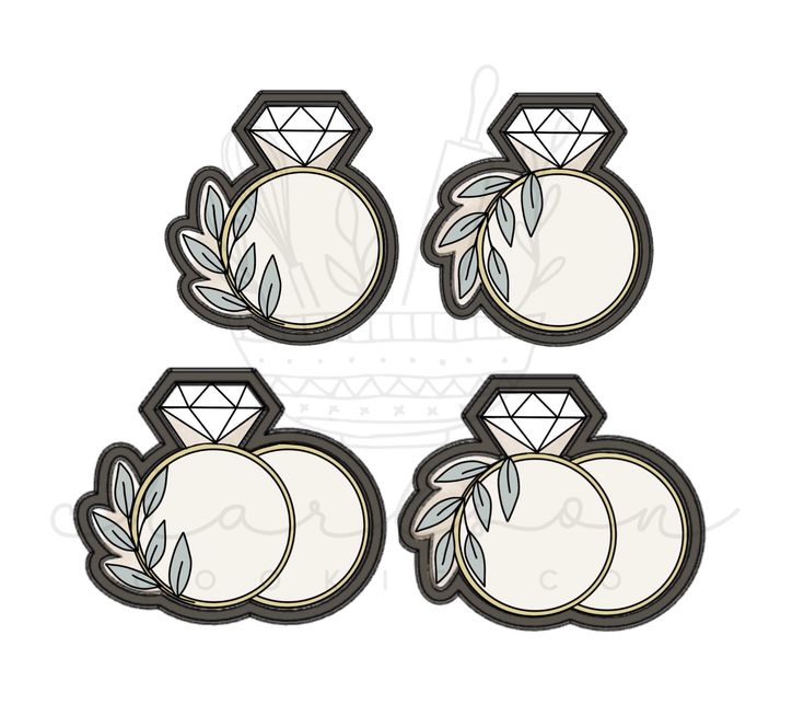 three wedding rings with leaves and diamonds in the middle, on top of each other