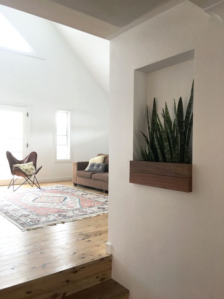 a living room filled with furniture and a plant on top of a wooden shelf next to a window