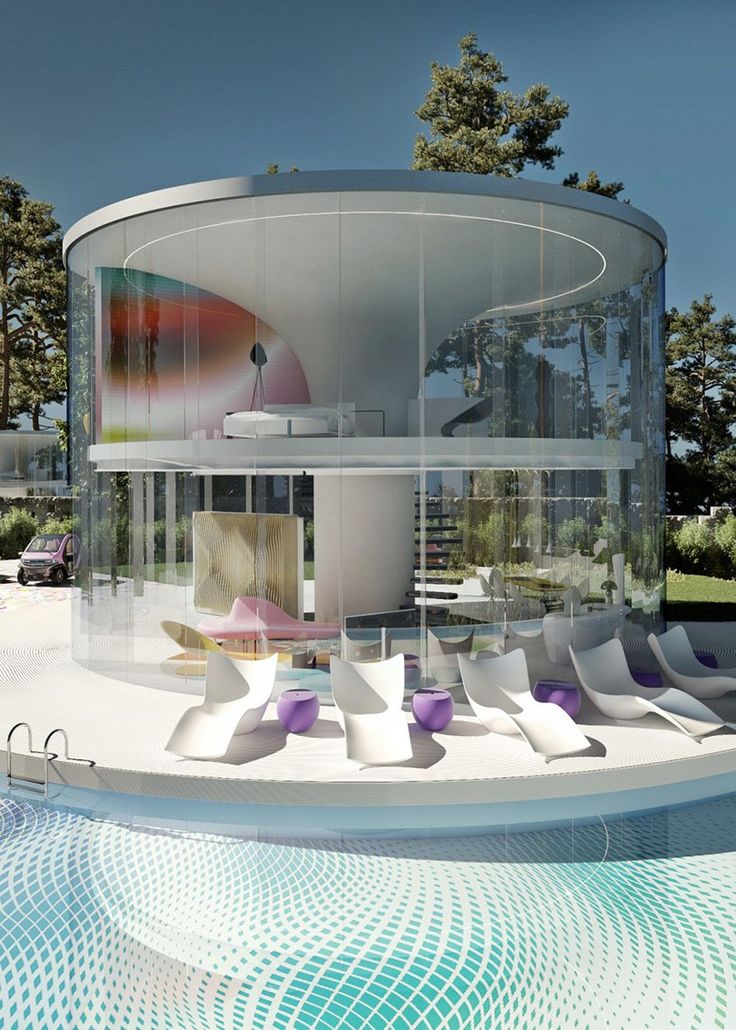 an artistic rendering of a modern house in the middle of a pool with lounge chairs around it