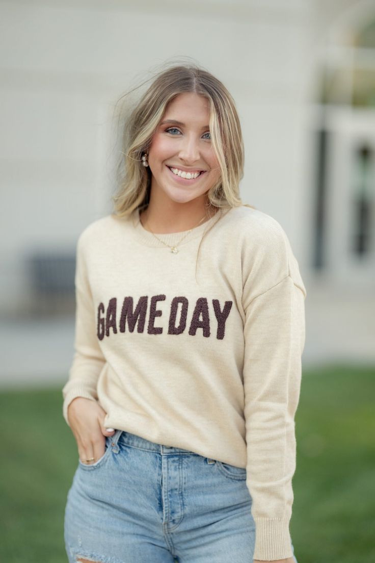 $39.00 Game Day Go-To Sweater | Oatmeal https://www.batessistersboutique.com/product/game-day-go-to-sweater-oatmeal/ Approx. Measurements in Inches  S  M  L  XL      Length  24  24.5  25  25.5      Bust  40  42  44  46 Bates Sisters Boutique Cozy Soft-washed Everyday Sweater, Cozy Soft-washed Sweater For Spring, Cozy Soft-washed Sweater For Layering, Oatmeal Long Sleeve Sweater For Fall, Casual Tops For Fall Game Day, Casual Soft-washed Sweater For Layering, Spring Casual Soft-washed Sweater, Casual Soft-washed Spring Sweater, Cozy Oatmeal Sweater For Fall