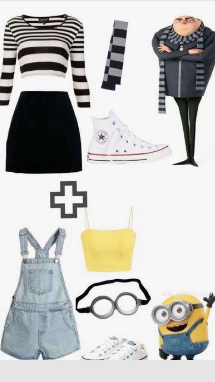 the minion is wearing overalls, striped shirt and black and white top with yellow shorts