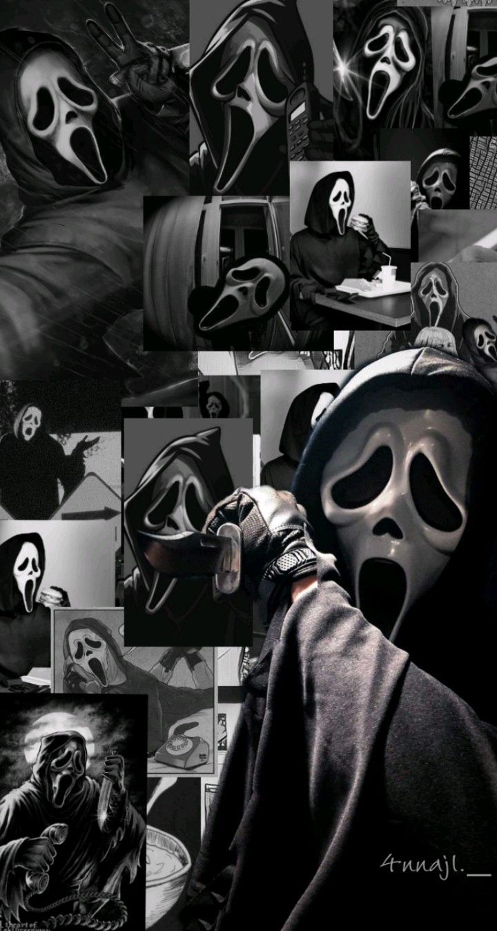 a person wearing a mask in front of a collage of images