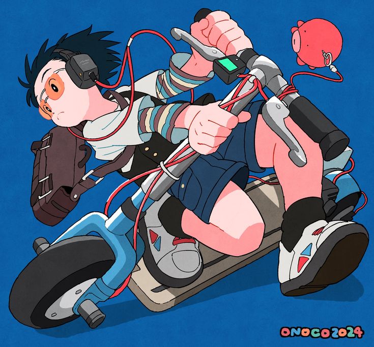 a kid on a motorcycle with headphones attached to the handlebars and wires