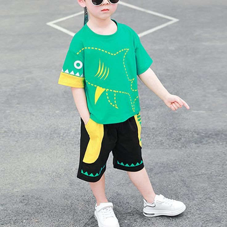 Boy Shark Pattern Sporty Suit - PrettyKid Green Cotton Short Set With Short Sleeves, Green Casual Sets With Cartoon Print, Casual Green Sets With Cartoon Print, Green Cotton Sets With Cartoon Print, Green Cartoon Print Summer Sets, Green Cotton Casual Short Set, Playful Summer Sets With Cartoon Print, Green Cartoon Print Sets For Spring, Casual Green Playwear Sets