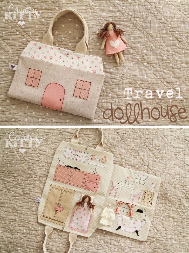 two pictures showing how to make an adorable doll house purse with fabric and felt backings