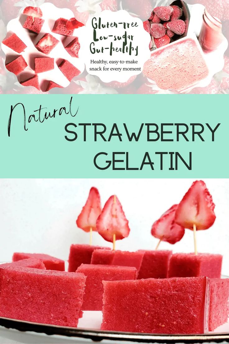 strawberry gelatin on a plate with strawberries in the background and text that reads natural strawberry gelatin