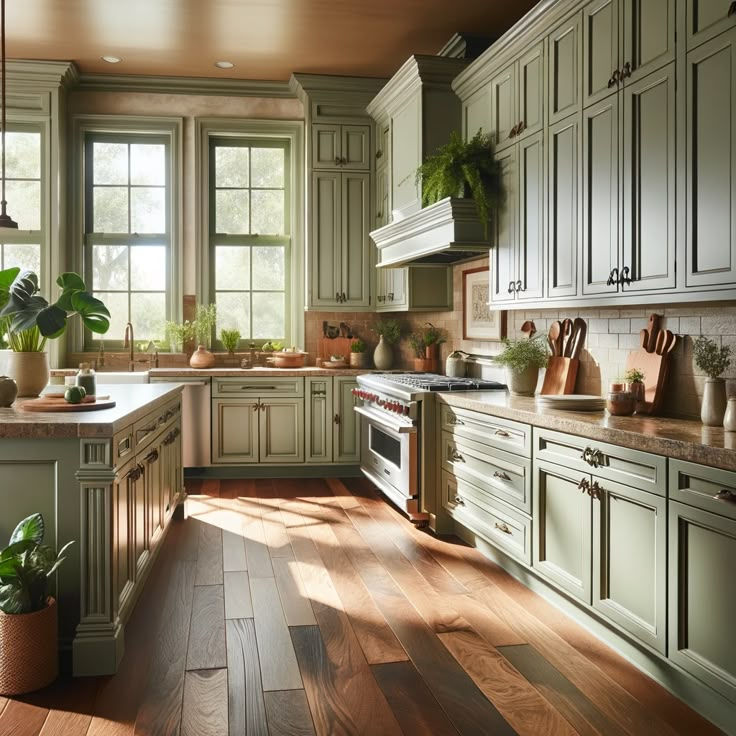 a kitchen filled with lots of green cupboards and wooden flooring next to a window