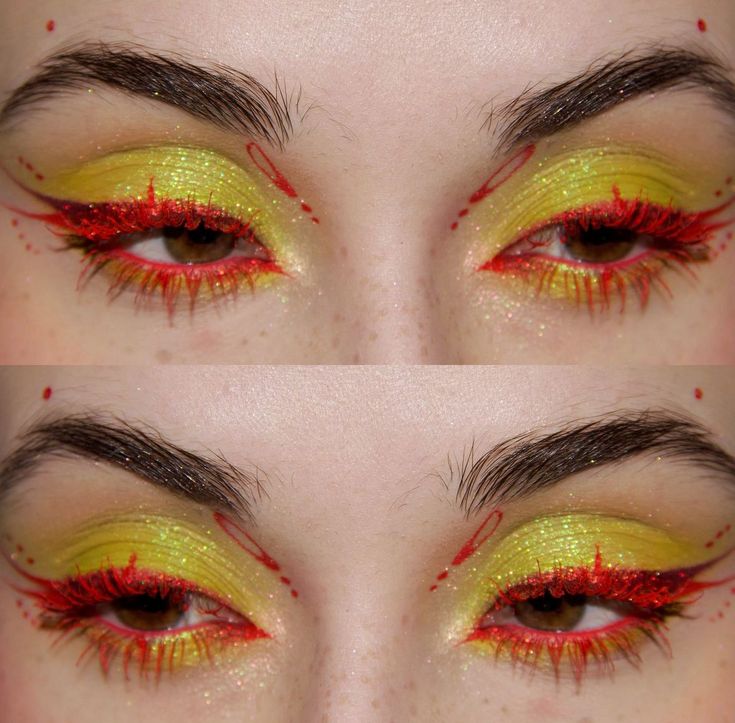 Fire Eye Makeup Look, Blue And Red Eyeshadow Looks, Creative Lip Makeup, Christmas Eye Looks, Eclectic Makeup, One Color Eyeshadow, Colored Eyeliner Looks, Yellow Makeup Looks, Fun Makeup Ideas