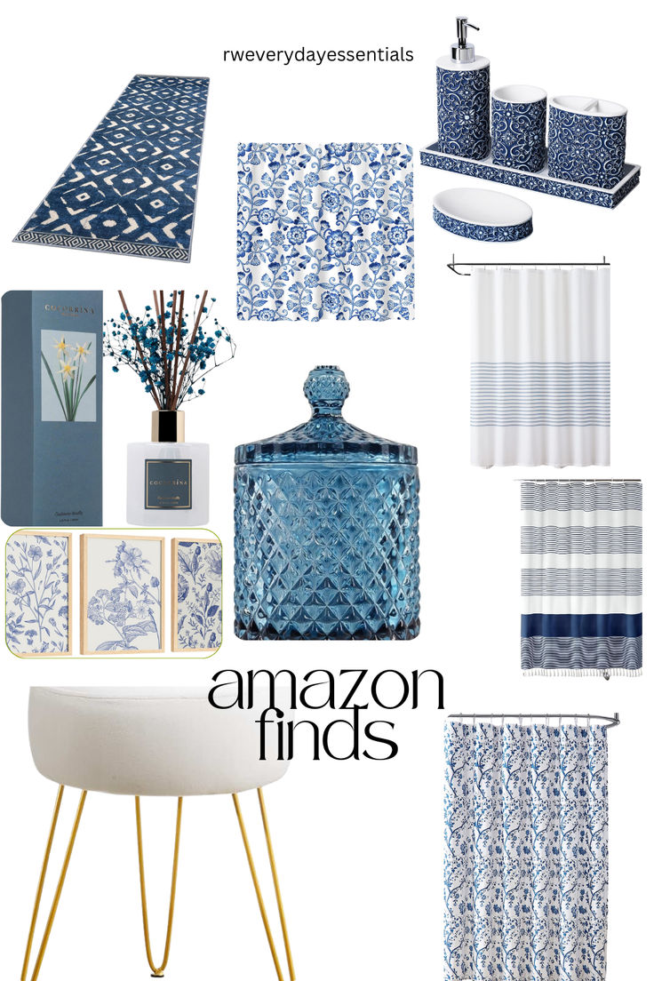 blue and white bathroom decor with the words amazon finds on it, along with other items