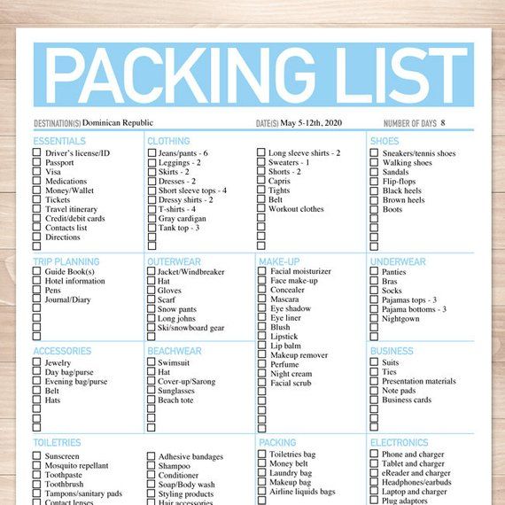 the packing list is shown in blue and white on a wood background with text that says packing