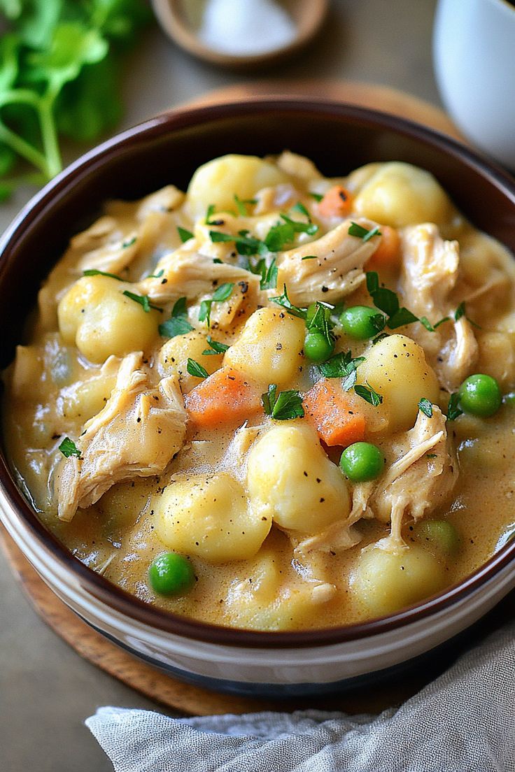 a bowl filled with chicken and dumplings on top of a table