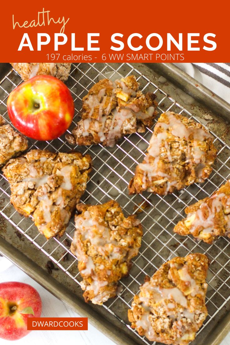 healthy apple scones on a cooling rack with apples in the background and text overlay