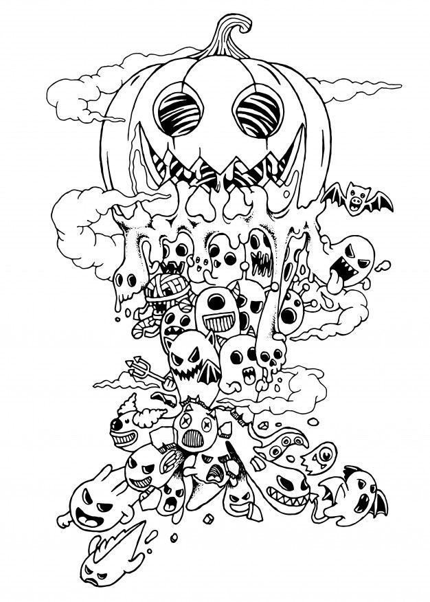 a black and white drawing of a pumpkin surrounded by skulls