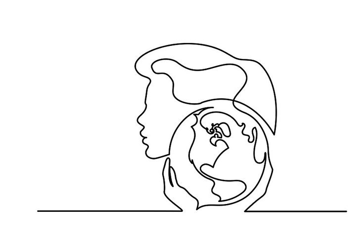 a line drawing of a woman's face with the earth in her hand, as if she were looking at it