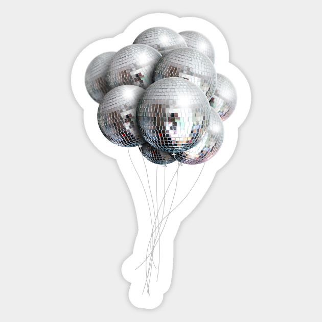 a bunch of silver disco ballons floating in the air on a white sticker