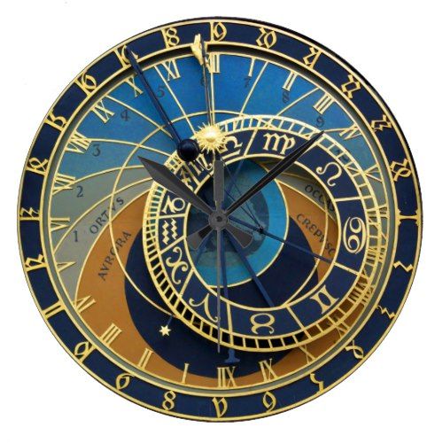 a gold and blue clock with roman numerals in the middle, on a white background