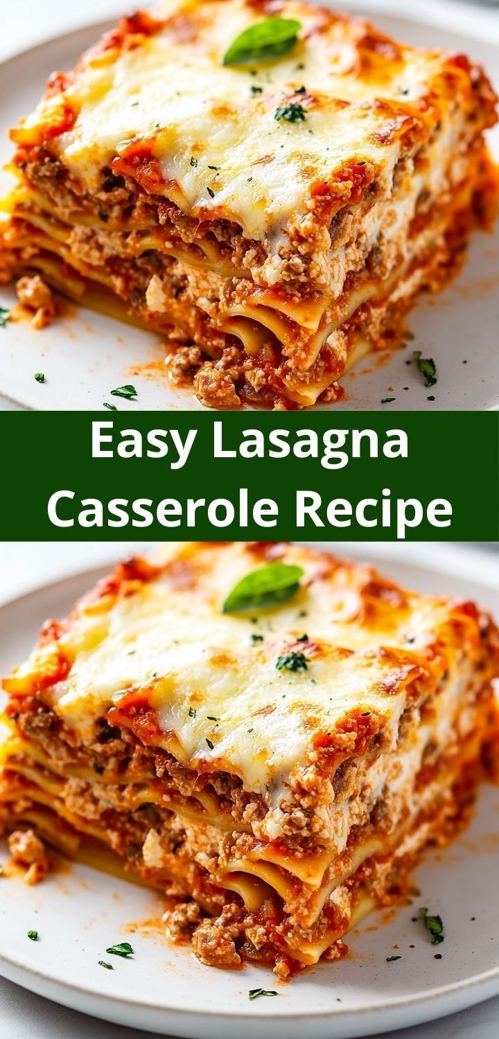 easy lasagna casserole recipe on a white plate with the title above it