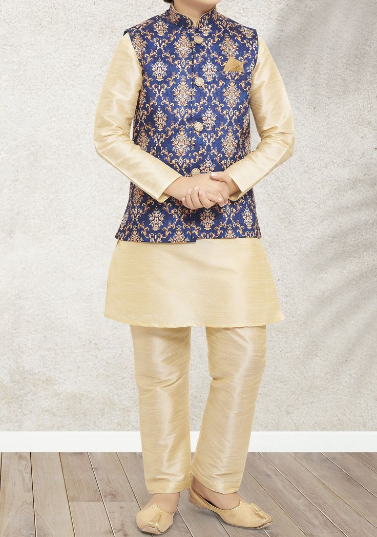 Ready-Made Kurta, and Waistcoat With Trouser. Jacquard Brocade Fabric Waistcoat Dupion kurta and Aligarhi Ready Made Trouser. Crafted in Chinese Collar Neck, and Full Sleeve. Satin Lining with Plain Work. High-Quality Matching Buttons. Please Note: The footwear shown in the picture is for presentation and photography purposes only. Color: There might be slight color variation due to lighting and flashes while the photo shooting. The color may also vary because of different screen resolutions. Wa Fitted Bollywood Nehru Jacket For Winter, Bollywood Style Fitted Nehru Jacket For Winter, Winter Bollywood Style Fitted Nehru Jacket, Bollywood Style Nehru Jacket With Traditional Drape For Winter, Festive Nehru Jacket With Pallu In Brocade, Festive Nehru Jacket With Brocade And Pallu, Traditional Vest For Eid Festivities, Traditional Festive Vest For Eid, Brocade Nehru Jacket For Diwali