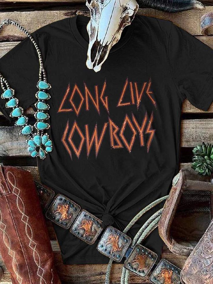 Long Live Cow Boys Tee Band Merch Slogan T-shirt For Fall, Halloween Graphic Tee For Concert, Pop Culture Fan Merchandise Tops With Text Print, Pop Culture Tops With Text Print For Fans, Trendy Halloween Concert T-shirt, Halloween Crew Neck Tops With Logo Print, Halloween Concert Top With Screen Print, Crew Neck Tops With Logo Print For Halloween, Band Logo Crew Neck Tops For Fans