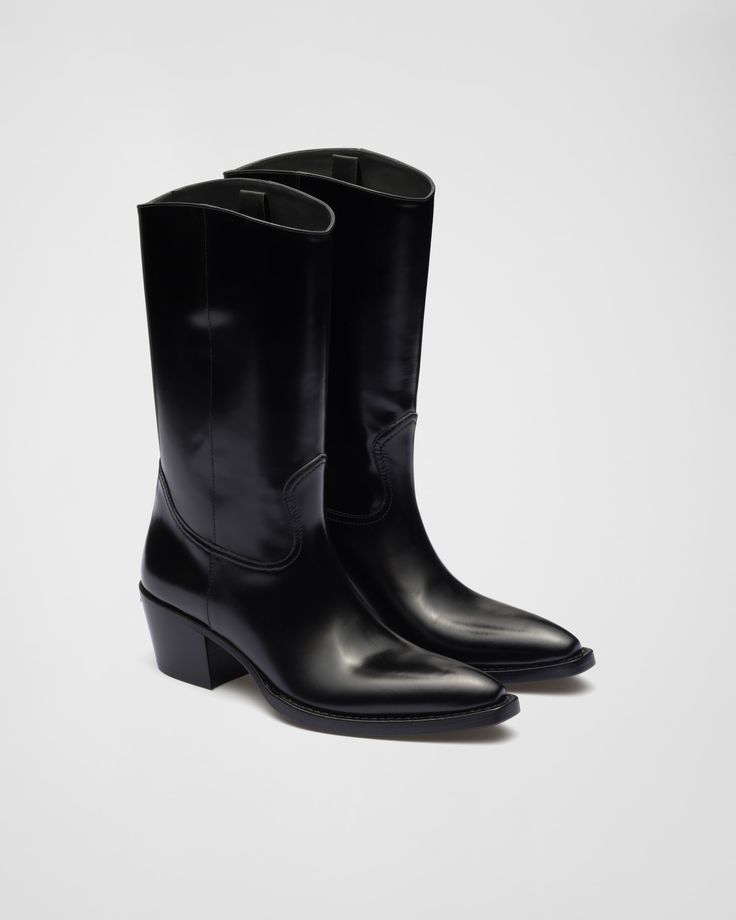 Black Brushed leather camperos boots | PRADA Prada Chunky Boots, Dr Martens Shop, Boots Prada, Cowboy Boots Black, Dr Shoes, Western Style Boots, Summer Boots, Lug Sole Boots, Cuban Heels