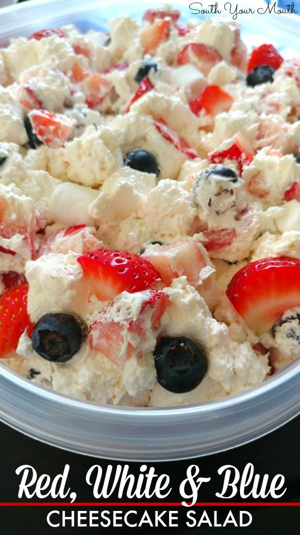 red, white and blue cheesecake salad in a bowl with the title below it