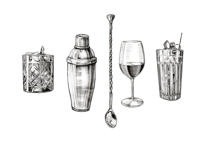 an ink drawing of cocktails and shakers