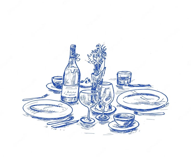 a drawing of a table set with wine and plates