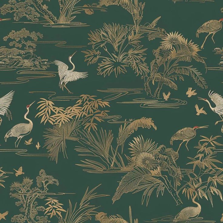 a wallpaper with birds, plants and other things in gold on a green background