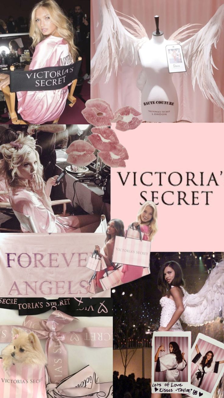 victoria's secret fashion show collage with angel wings and pink dress on stage