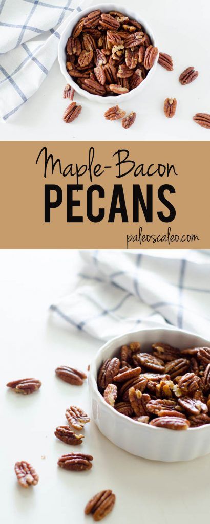 maple bacon pecans in a white bowl