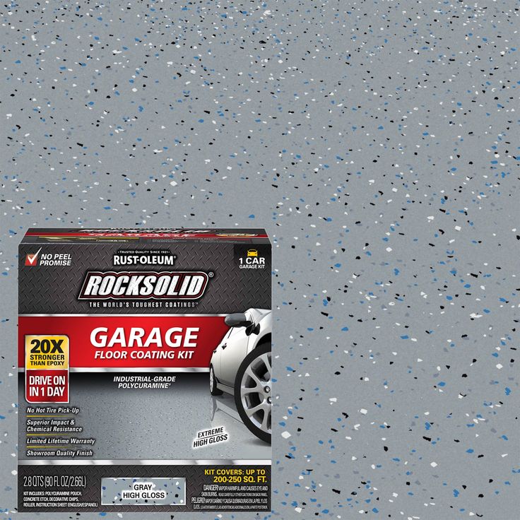 a box of rockstud garage floor coating kit on the ground with water drops