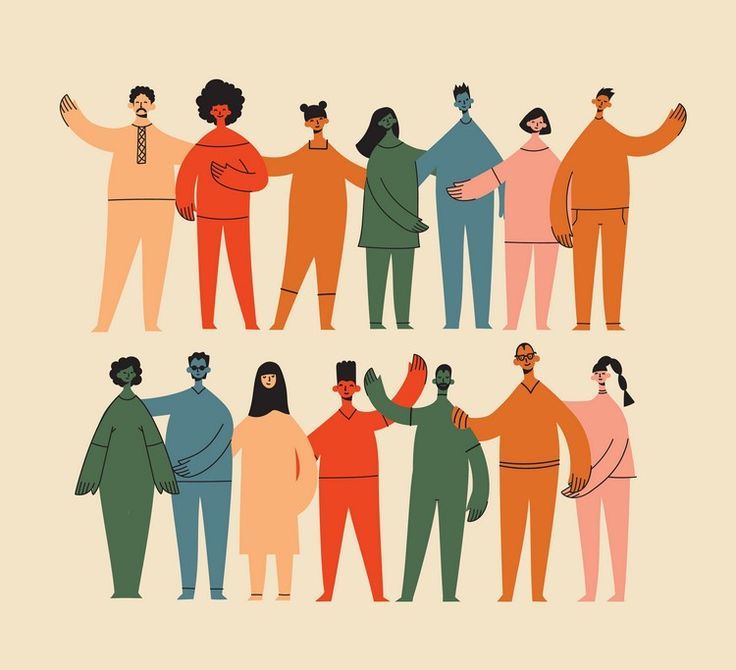 several people are standing together in different colors and sizes, with one holding his hand out to the other