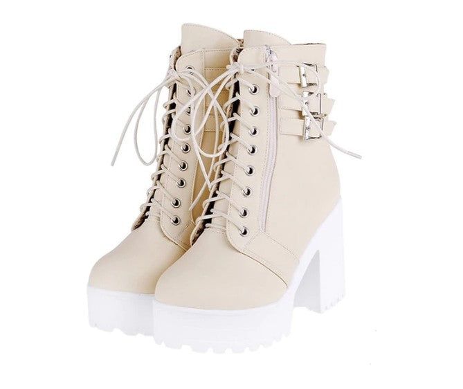 Department Name:Adult Item Type:Boots Pattern Type:Solid Boot Type:Motorcycle boots Season:Winter Model Number:5445454665 is_handmade:Yes Lining Material:Cotton Fabric Heel Height:High (5cm-8cm) Toe Shape:Round Toe Upper&Shaft Material:PU Closure Type:Lace-Up Boot Height:Mid-Calf Heel Type:Square heel Fashion Element:Rivet Platform Height:3-5cm Insole Material:Rubber With Platforms:Yes Outsole Material:Rubber Cream Ankle-high Lace-up Boots For Winter, Cream Platform Boots With Round Toe For Winter, Cream Round Toe Platform Boots For Winter, White Lace-up Heeled Boots For Winter, Winter Cream Leather Mid-calf Boots, Beige Lace-up Combat Boots For Winter, Cream High-top Winter Boots, Beige High-top Martin Boots For Winter, Fall Beige High-top Martin Boots