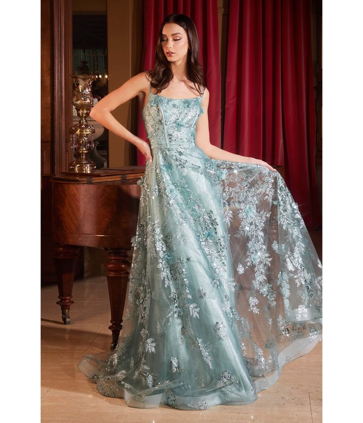 Cinderella Divine Sage Flower Sparkle Prom Gown - Unique Vintage - Womens, DRESSES, PROM AND SPECIAL OCCASION Cinderella Aesthetic Prom Dress, Retro Elegant Dress, Constellation Prom Dress, Recital Dress Voice, Mid Summer Nights Dream Dress, Enchanted Gown Prom, Aquarium Prom Dress, Whimsical Dress Prom, Winter Themed Dresses