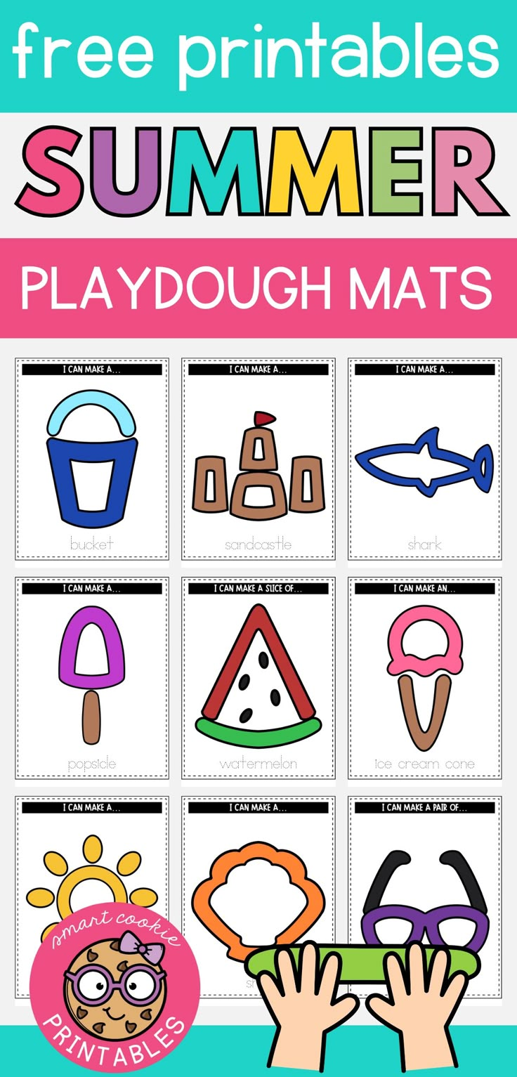 Image shows 9 free printable summer playdough mats featuring a sand bucket, sand castle, shark, popsicle, watermelon slice, ice cream, sum, shell, and a pair of sunglasses. Summer Playdough Mats, Playdough Printables, Play Doh Activities, Summer Vocabulary, Summer School Activities, Summer Activities For Toddlers, Math Worksheets For Kids, Summer Preschool Activities, Summer At Home