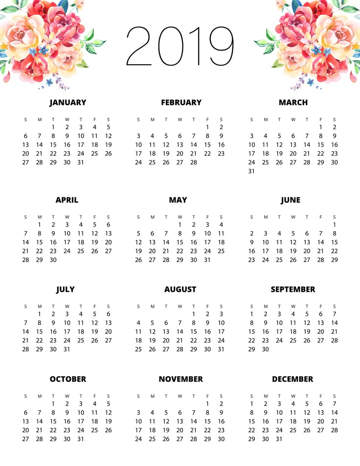 a calendar with flowers on it for the year 2019 to 2020, including dates and months