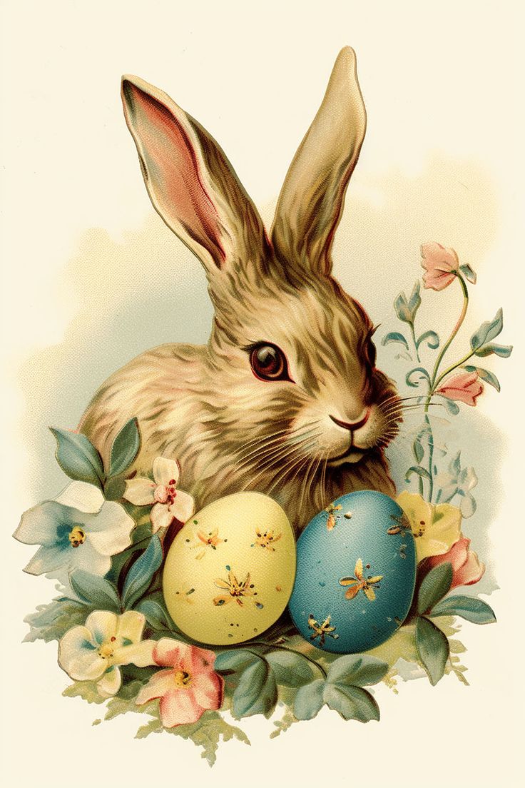 an easter bunny with painted eggs and flowers