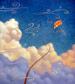 a painting of a person flying a kite in the sky on a cloud filled day