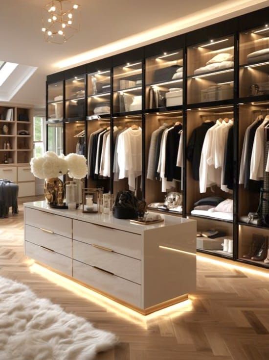 a large walk - in closet with lots of clothes and shoes on shelves, lighting up the room