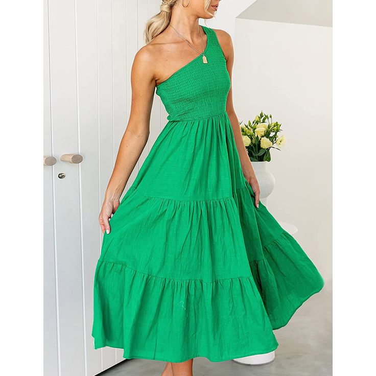 Green One-shoulder Swing Holiday Casual Dress Green One-shoulder Sundress, Green One Shoulder Midi Dress For Spring, One Shoulder Maxi Dress For A Day Out, Green Off-shoulder Midi Dress For Brunch, Green One Shoulder Midi Dress For Summer, Casual One Shoulder Brunch Dress, Green One Shoulder Maxi Dress For Summer, Green One-shoulder Maxi Dress For Summer, Green One-shoulder Midi Dress For Vacation